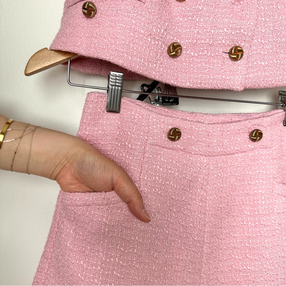 Baby Pink Cropped Tweed Short Sleeve Double Breasted High Rise Shorts Co-Ord Set - Picture 5 of 12